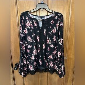 White House Black Market Black Blouse with Pink Floral Print